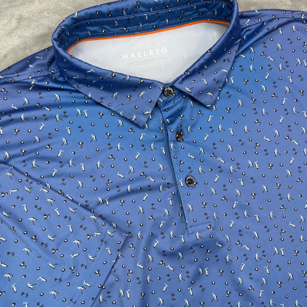 Maelreg Polo Shirt Mens 2XL Blue Golf Novelty All Over Print Performance Stretch
